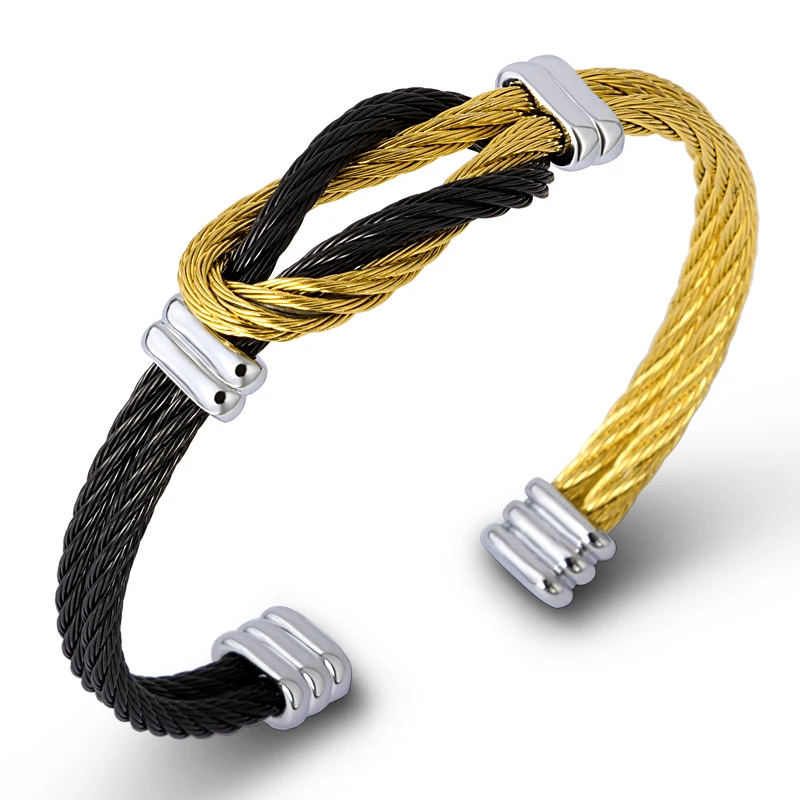

New Titanium Steel Men's Twisted Cable Wire Bracelets & Bangles Unisex Punk Jewelry Black France Cuff Knot Bracelet Wholesale