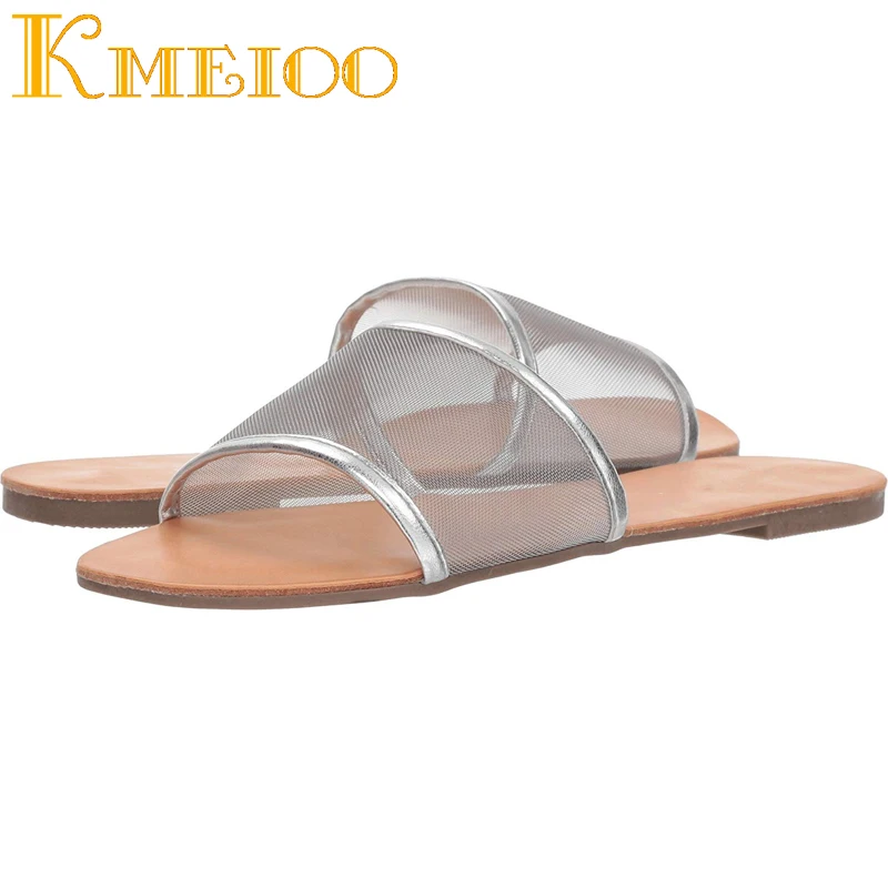 Kmeioo 2020 женская обувь модная спальная одежда из сетчатой ткани шлепанцы без