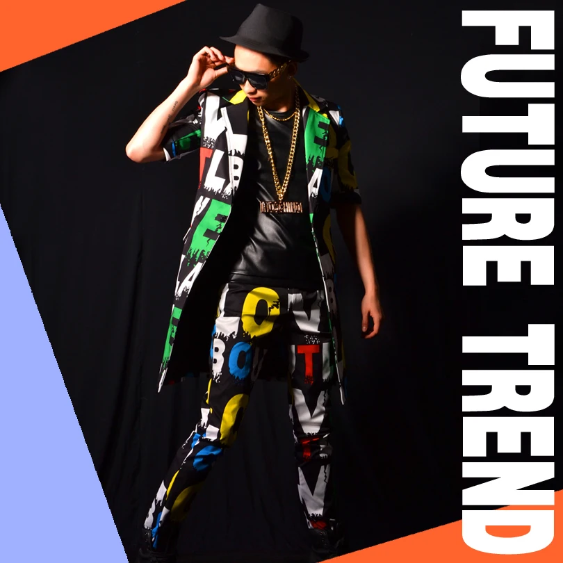 

M-6XL!!Nightclub bar male singer DSDJGD color letter short-sleeved suit big-name bar costume accessories.