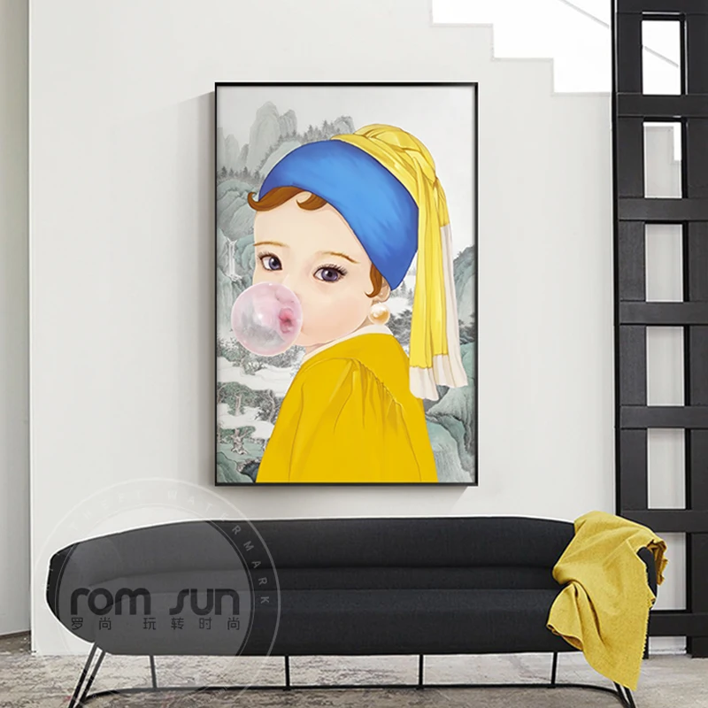 Картина на холсте в скандинавском стиле с изображением милой девочки