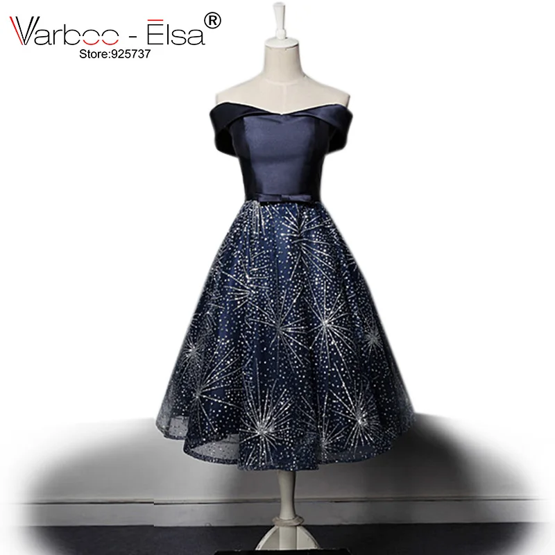 

VARBOO_ELSA Custom 2021 Glitter Party Dresses Vestido De Festa Sexy Strapless Royal Blue Evening Dresses Tea-Length Prom Dresses