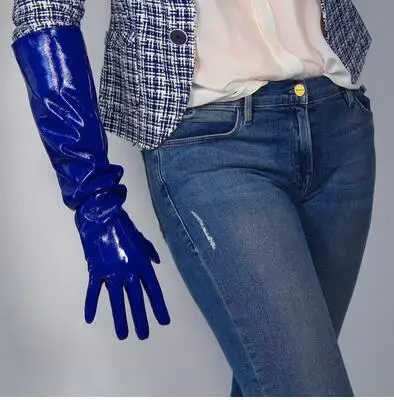 dark blue Женские длинные перчатки из искусственной кожи с широким рукавом женские лакированные кожаные перчатки красного цвета 50 см R1559 - Цвет: dark blue