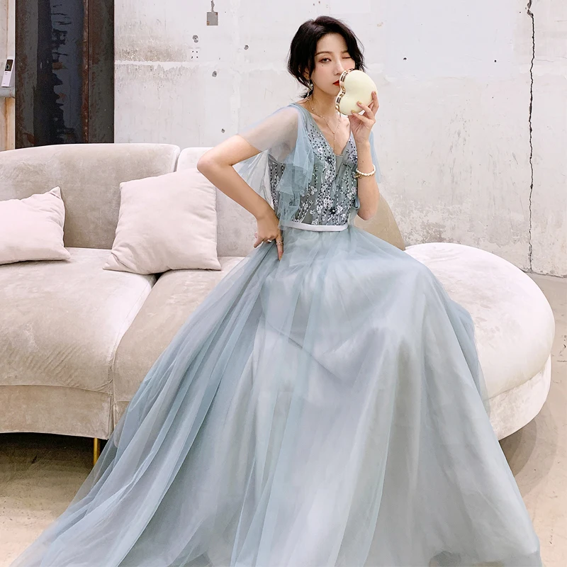 He's Bride New Fairy Prom Dress Sexy V-neck Short Sleeves Appliques Lace Up Floor-length Formal Grown Robe De Soiree | Свадьбы и