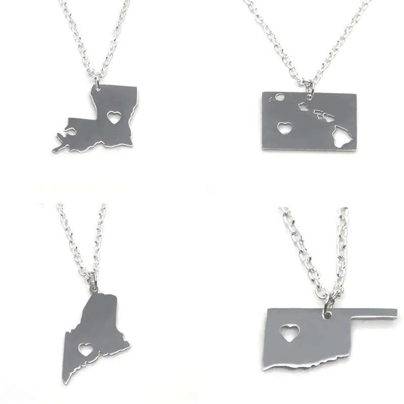 Ожерелье с картой штата США колье серебристого тона изображением Нью-Йорка