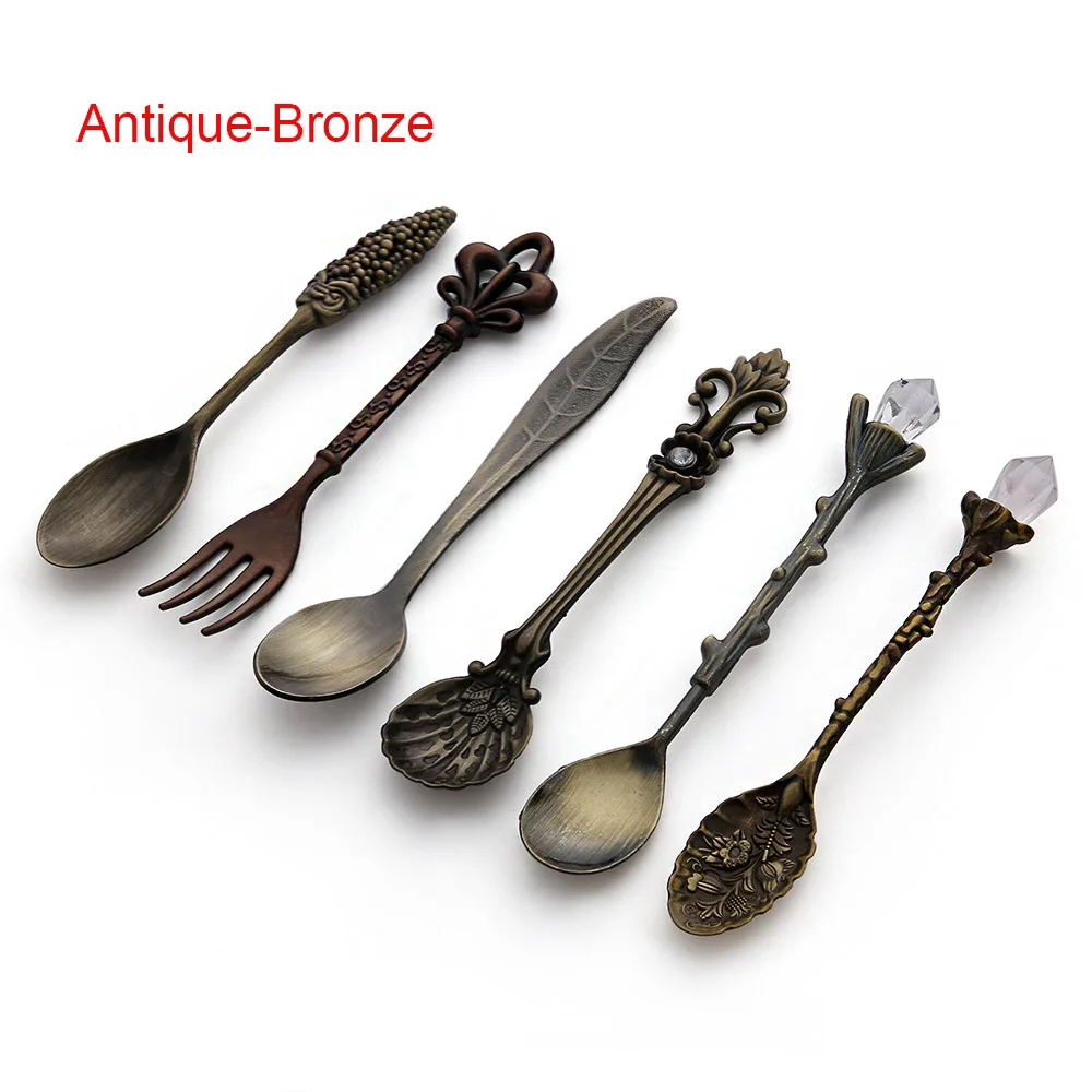 Antique Bronze 6 шт./компл. Винтаж ложки вилки набор Королевский Стиль резные металлические вилка столовая ложка Античная Чай ложки десертная кофейная ложка Вилка - Цвет: Antique Bronze