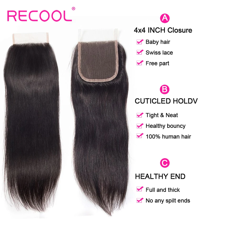 Recool бразильские прямые волосы HD прозрачное кружево Закрытие