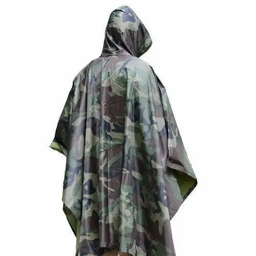 

US Stock Military Woodland Camo Poncho Ripstop Wet Weather Waterproof Raincoat Army Hiking Poncho