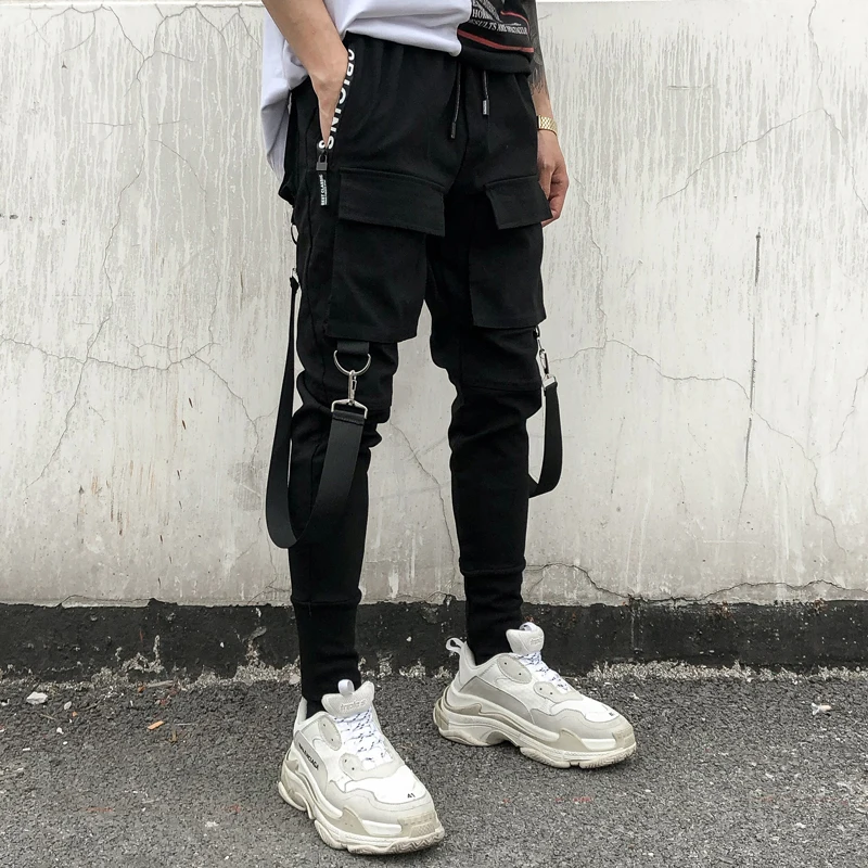 

Мужские брюки в стиле хип-хоп, черные брюки-шаровары с эластичной резинкой на талии, повседневные облегающие штаны с лентами, 2019