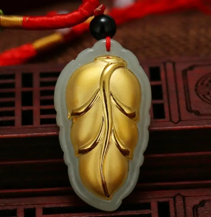 Exquisite Hetian jade 3D gold leaf pendant h11# | Украшения и аксессуары