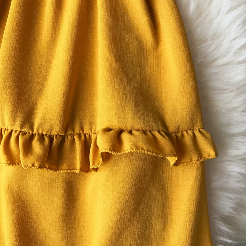 

2019 Summer New Pure Color Strapped Shoulder Bow Dress Retro Sling Belt To Show Thin Pendulum Mid Calf Pink Yellow Dress