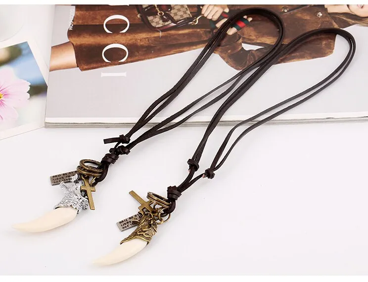 Новый модный серебряный покрытием мужской подвеска-кулон с головой дракона, белым волчьим зубом и кожаным шнуром в стиле шокера.