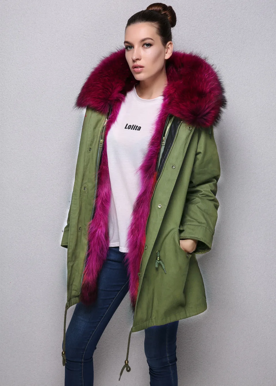 2018 парка натуральный мех зимний бренд съемная подкладка Повседневная армейский