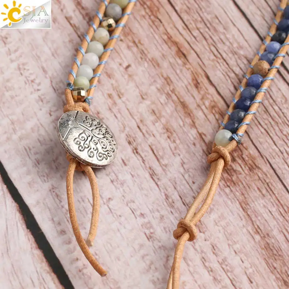 CSJA Boho браслеты из натурального камня с бусинами Многослойный кожаный браслет ручной работы позолоченный синий друзы Подвески Ювелирные изделия S433