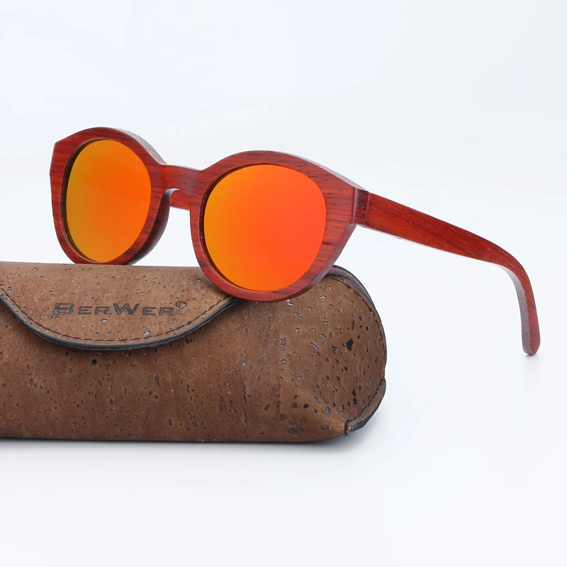 

BerWer 2022 красные деревянные солнцезащитные очки деревянные поляризационные солнцезащитные очки для женщин UV400 Защитные очки в пробковой подарочной коробке