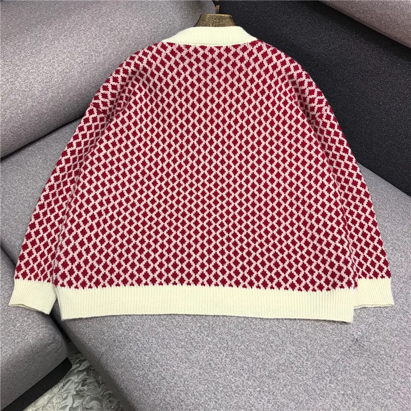 Luxury Designer Brand Knitted Sweater for Women O Neck Vintage Diamond lattice Loose Cardigans 30% Wool |