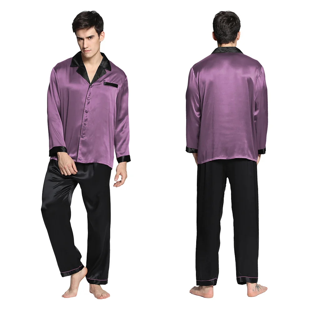 Violet LilySilk пижама мужская шелковая домашняя одежда для мужчин 22 Momme глубокий углового установленные для короткий рукав летняя комплект шелк - Цвет: Violet