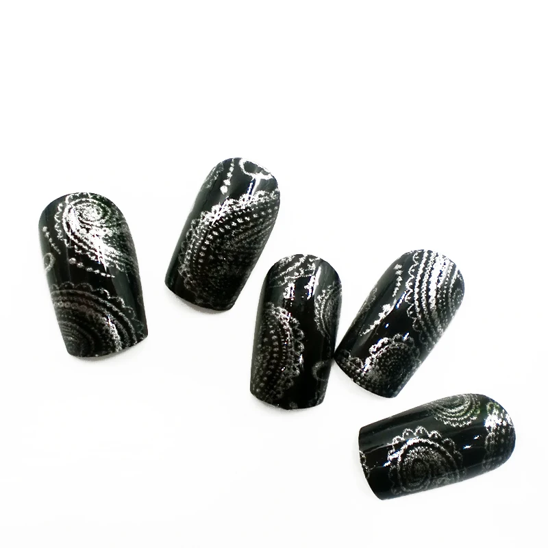 Высокое качество 12 шт. черный серебристый цвет Накладные ногти с клеем Длинные