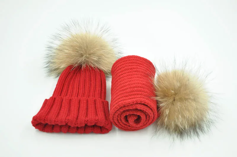 Red natural fur Зимний Детский комплект из шапки и шарфа, теплая плотная эластичная вязаная шапочка для мальчиков и девочек, меховая шапка с помпоном и шарфом, комплект для детей - Цвет: Red natural fur