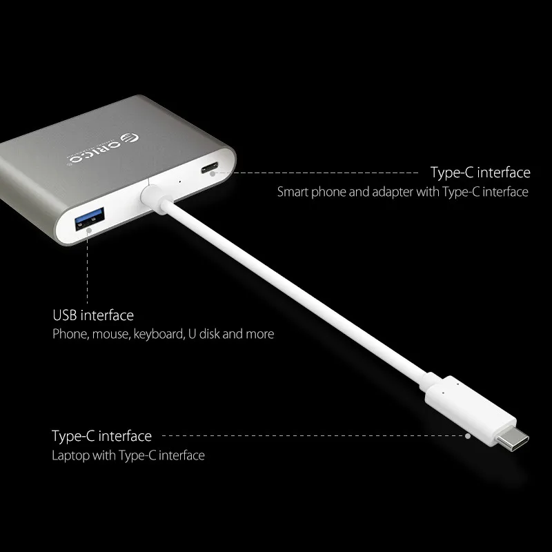 Алюминиевый хаб ORICO RCV3A с type-C в VGA/type-C/type-A конвертер USB3.1 Gen1 5 Гбит/с 3 портами USB3.0 для