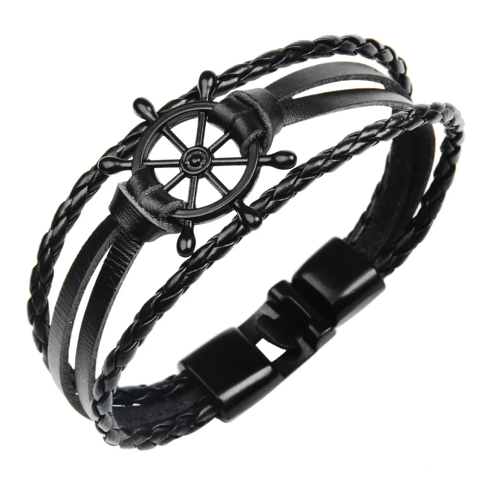 

Kirykle Fashion Hand-Knitted Bangles Sailor Bracelet For Man Multilayer Leather Jewelry Rudder Bracelets Handmade Chain