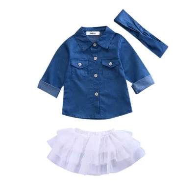 

2017 New Summer Kids Toddlers Girls Long Sleeve Denim+Shorts+Headband 3pcs 1-5Yr