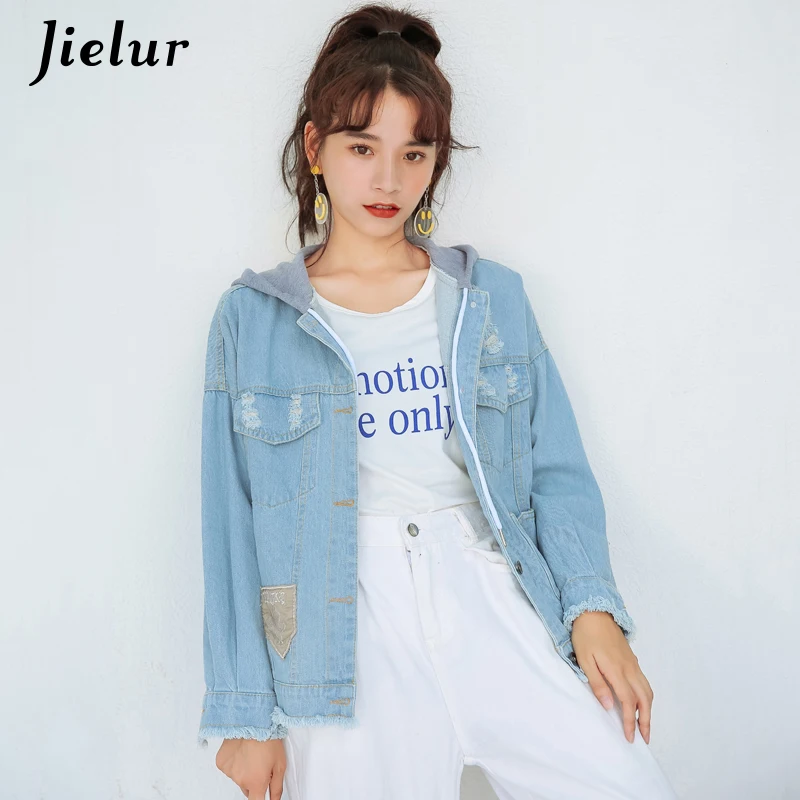 Jielur 2019 корейские женские куртки повседневные джинсовые бойфренды Осенние