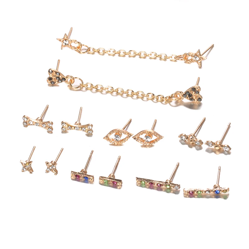 14 Pcs/Set Boho Crystal Chain Earrings Female Party Earring Fashion Heart Love Star Bones Eyes Stud Set | Украшения и аксессуары