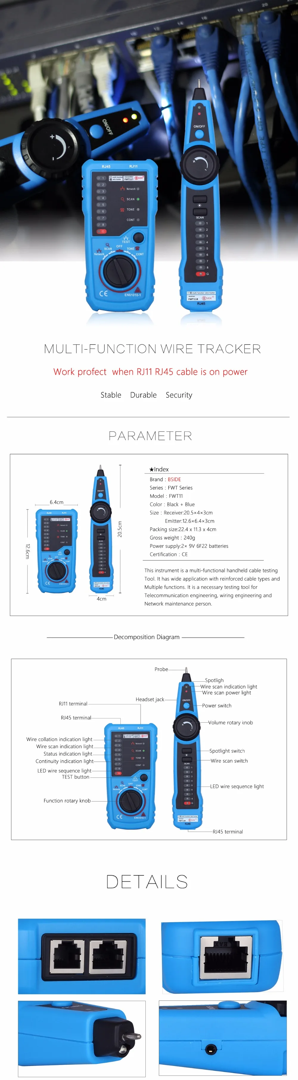 BSIDE FWT11 ручной RJ11 RJ45 Cat5 тестер для телефонного кабеля Тонер-детектор локальной сети Ethernet кабельный тестер детектор линии Finder