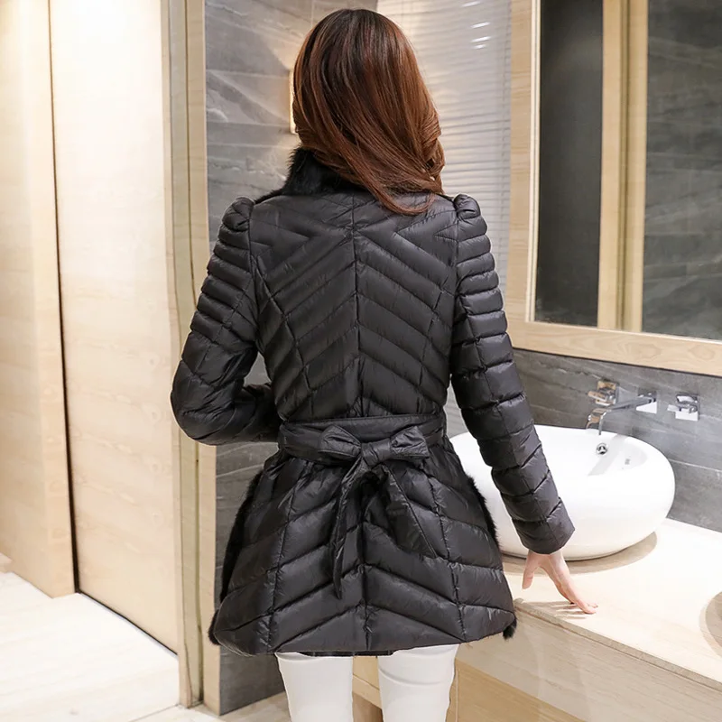 ZVAQS 2020 New Real Rabbit Fur Coats Elegant Women's PU Leather Winter Jacket Slim Female Plus Size Long Parkas ST027 | Женская