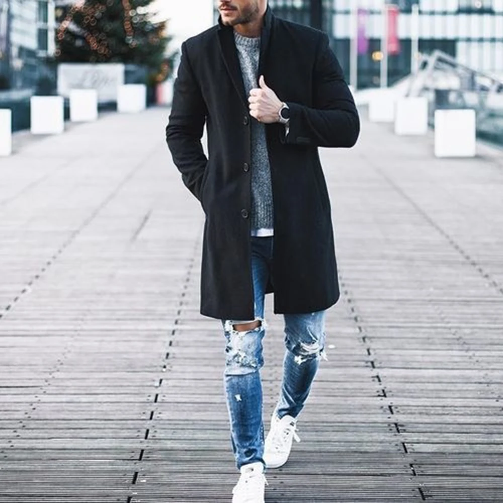 Однотонный деловой Повседневный шерстяной Тренч для мужчин средний тонкий
