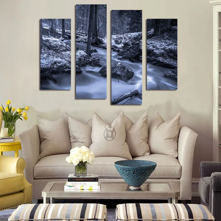 4 панели темная картина для гостиной лес и поток пейзаж куадро декорацион