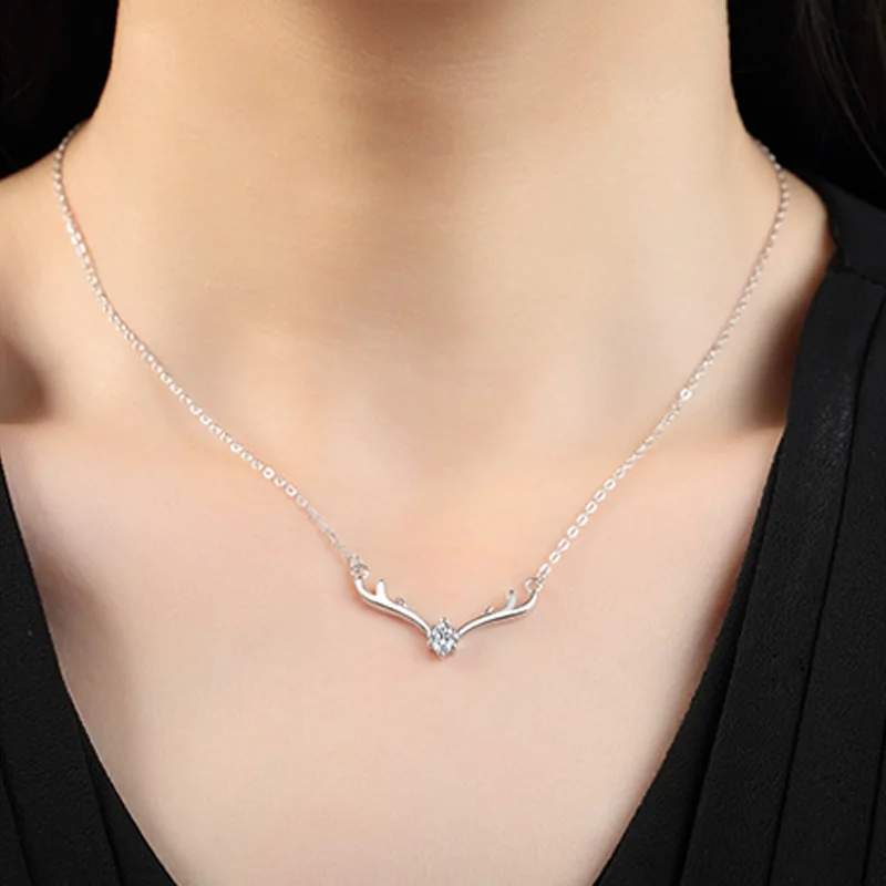 Zircon Elk Deer Horns Silver Color Necklace Pattern Trendy Cute Style Female Clavicle Chain Simple Accessory Christmas Gift Украшения и