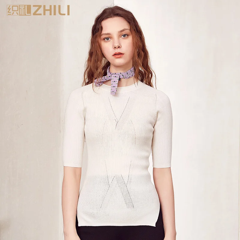 

ZHILI Women's White Short Sleeve Slim Fit KNit Sweater Basic Tops with Side Splits