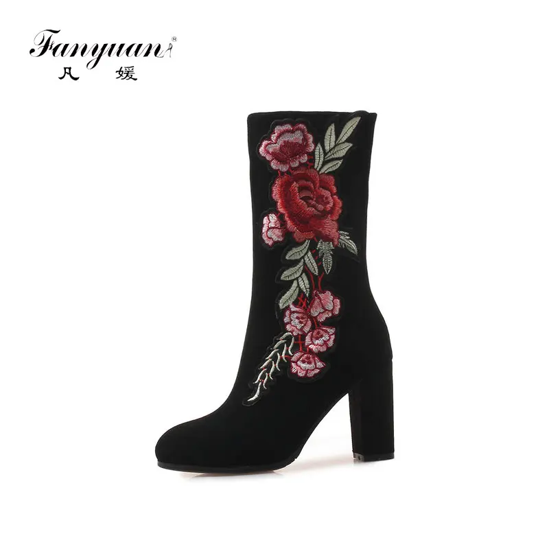 

fanyuan Women Mid Calf Boots Mid Calf Boots Zipper All Match Square High Heel Flock Winter Boots Shoes Women Boots Size 34-43