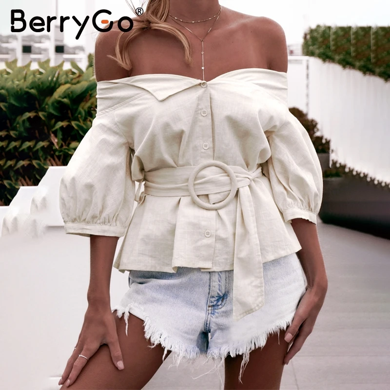 BerryGo сексуальная летняя блузка с открытыми плечами рубашка женская кнопки в