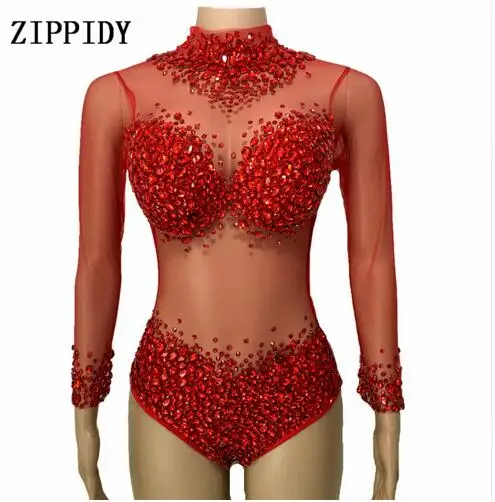 Fashion Red Stones Mesh Bodysuit long Sleeves Stretch Sexy Perspective Stage Performance Celebrate luxurious outfit