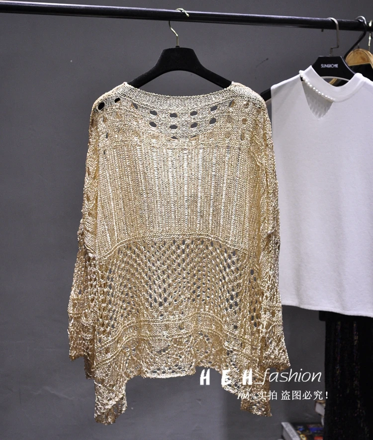 Gold Lurex Summer Blouse Shirt Long Batwing Sleeve O-neck Hollow Out Knit Top Loose Bohemian Design Large Shirts Blusa | Женская одежда