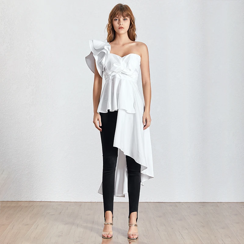 white TWOTWINSTYLE модная летняя женская рубашка с бантом, асимметричный воротник, открытая спина, с открытыми плечами, однотонная блузка, Топ для женщин, новинка - Цвет: white