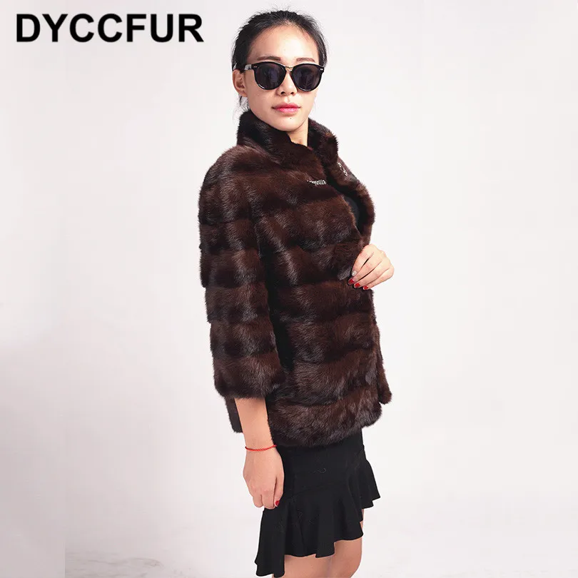 DYCCFUR 2018 Новый Настоящее пальто с мехом натурального меха норки полосы широкие