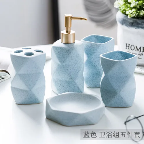 blue-5pcs Керамический набор аксессуаров для ванной комнаты, диспенсер для мыла/держатель для зубной щетки/стакан/мыльница/лоток, Кухонный Контейнер для жидкости для мытья посуды - Цвет: blue-5pcs