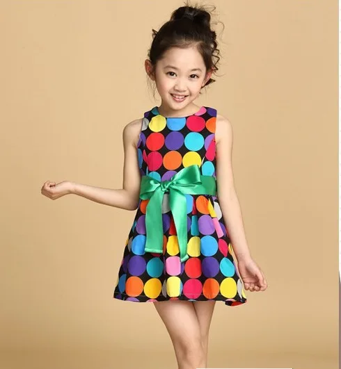 2016 summer girls dress toddler vest 3 4 5 6 7 8 9 10 years old kids rainbow dot Bow Princess Dress | Детская одежда и обувь