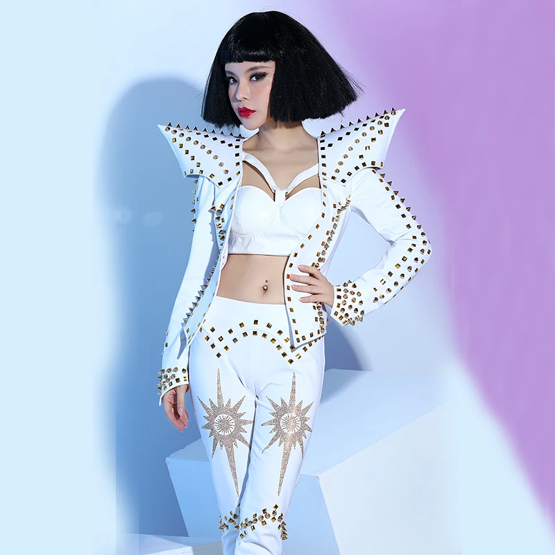 GAGA shrugs Изящный Белый Комплект из трех предметов с заклепками для ночного клуба