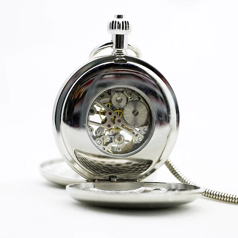 Silver Luxury Mesh Carved Double Opening Manual Mechanical Pocket Watch Royal Emblem Gentleman Style Pendant Necklace Clock