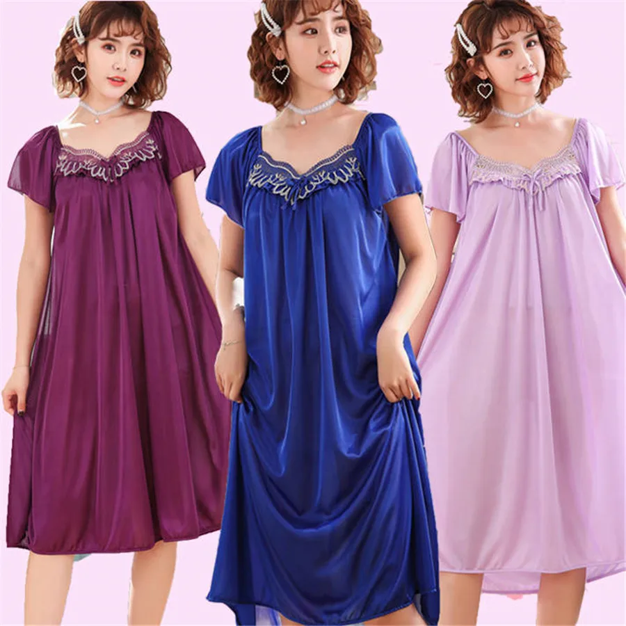 

Female Summer Sexy Ice Silk Nightgown Loose Large Size Sling Refreshing Softy Long Home Service Nightdress Women Clothing M-5XL