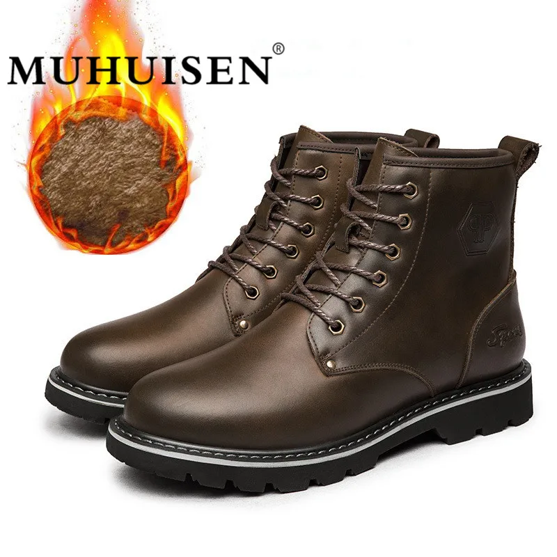 MUHUISEN/мужские ботильоны из натуральной кожи теплые водонепроницаемые резиновые