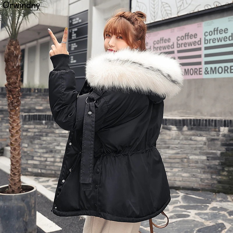 Orwindny Winter Coat Women Large Fur Collar Winter Parkas Female Slim Fashion Short Cotton Padded Jacket Hooded Wadded Coat