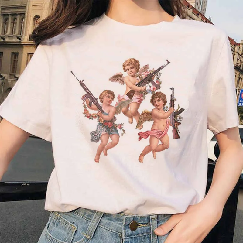 Angel Fashion Tees футболка Ullzang женская футболка с принтом Harajuku 90s Kawaii Одежда Футболка Топ летний Vogue grunge women ulzzang