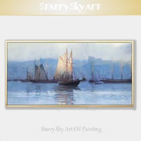 artist hand painted high quality impressionist blue sea and boats oil painting on canvas beautiful wall art boats oil painting
