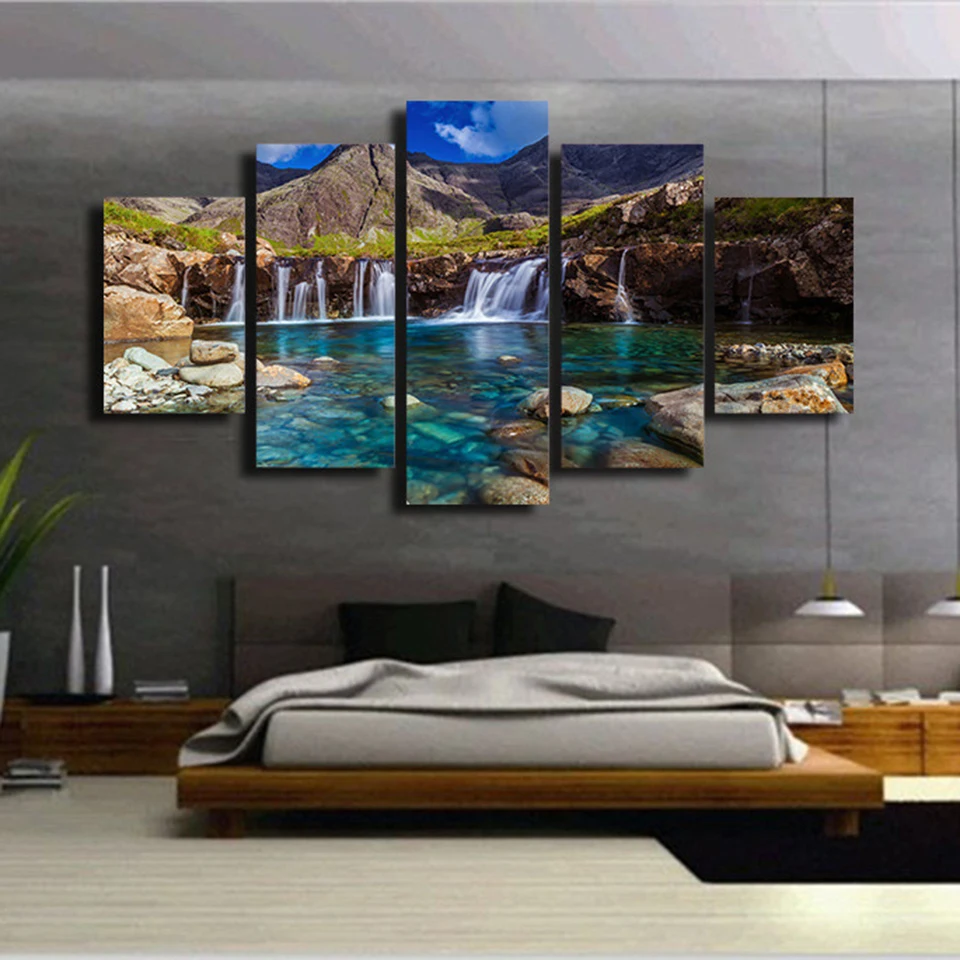 HD Prints For Living Room Home Decoration Wall Pictures 5 Panel Waterfall Mountain Artworks Paintings Canvas Cuadros Poster | Дом и сад