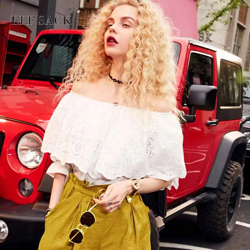 ELFSACK stylish Summer Women Cotton Short Casual Lace Chiffon Blouses Slash Neck Lantern Sleeve Female Solid Top Blouse|Блузки| |